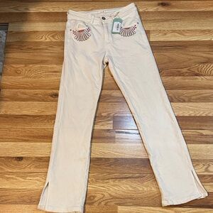 Nude by Nature Cream Straight Leg Jeans with Embroidery